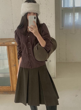 直邮 首尔印象韩代 25fw Miel博主同款木耳边V领格纹宽松长袖衬衫