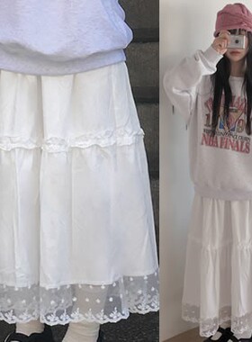 直邮 首尔印象韩代 26ss 纯欲风白色松紧腰薄纱蕾丝半身A字中长裙