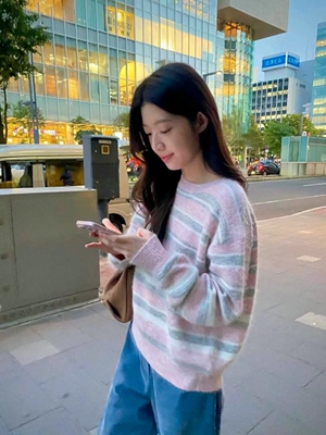 直邮 东大门代购 mercy温柔撞色条纹圆领套头毛衣针织衫女秋冬新