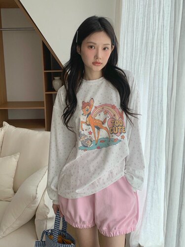 直邮rami-j 26SS 东大门代购 少女风可爱斑比小鹿圆领宽松长袖T恤