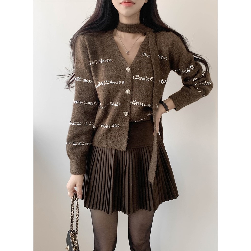 直邮 东大门代购 温柔亮片V领针织开衫百褶短裙套装秋冬新款女