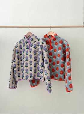 直邮 25fw 首尔印象韩代 Lvc 温柔舒适半拉链立领花朵羊羔绒卫衣