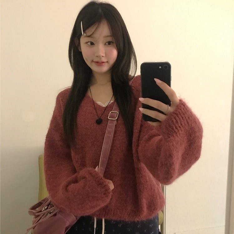 直邮 25fw 首尔印象韩代 慵懒感V领落肩宽松套头毛衣针织衫女秋冬