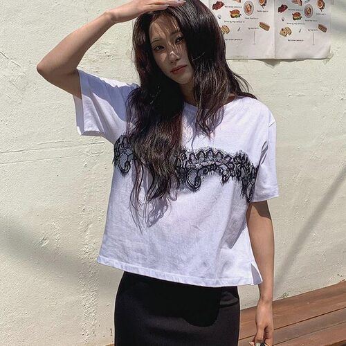 直邮 首尔印象韩代 26ss 小众设计蕾丝花边轻薄圆领短袖T恤女夏新