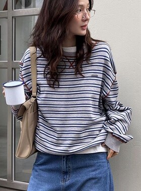 包邮 首尔印象韩代 26ss 简约撞色圆领条纹落肩宽松针织衫女