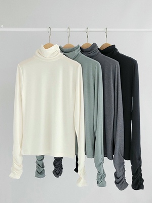 直邮 东大门代购 ZEST淡人系纯色高领褶皱袖修身长袖打底T恤女冬