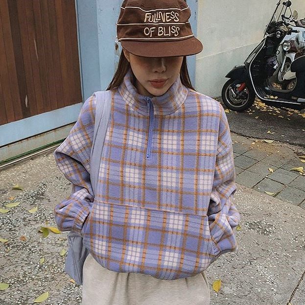 直邮 东大门代购 复古格纹半拉链立领插袋拉绒卫衣外套女秋冬新款