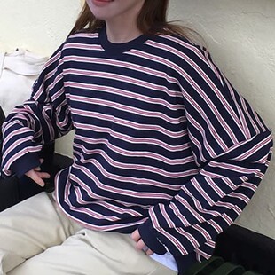 直邮 首尔印象韩代 25fw 学院风条纹宽松落肩套头卫衣女秋季新款
