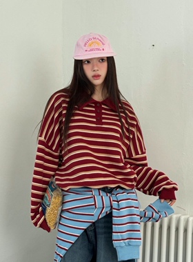直邮 25fw 首尔印象韩代 Lvc 百搭POLO翻领条纹宽松加绒卫衣女
