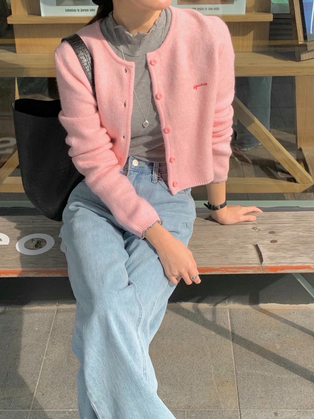 直邮 首尔印象韩代 25fw signature刺绣字母圆领羊毛针织开衫外套