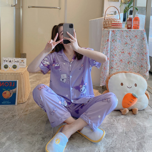 女生睡衣纯棉开衫短袖条纹家居服