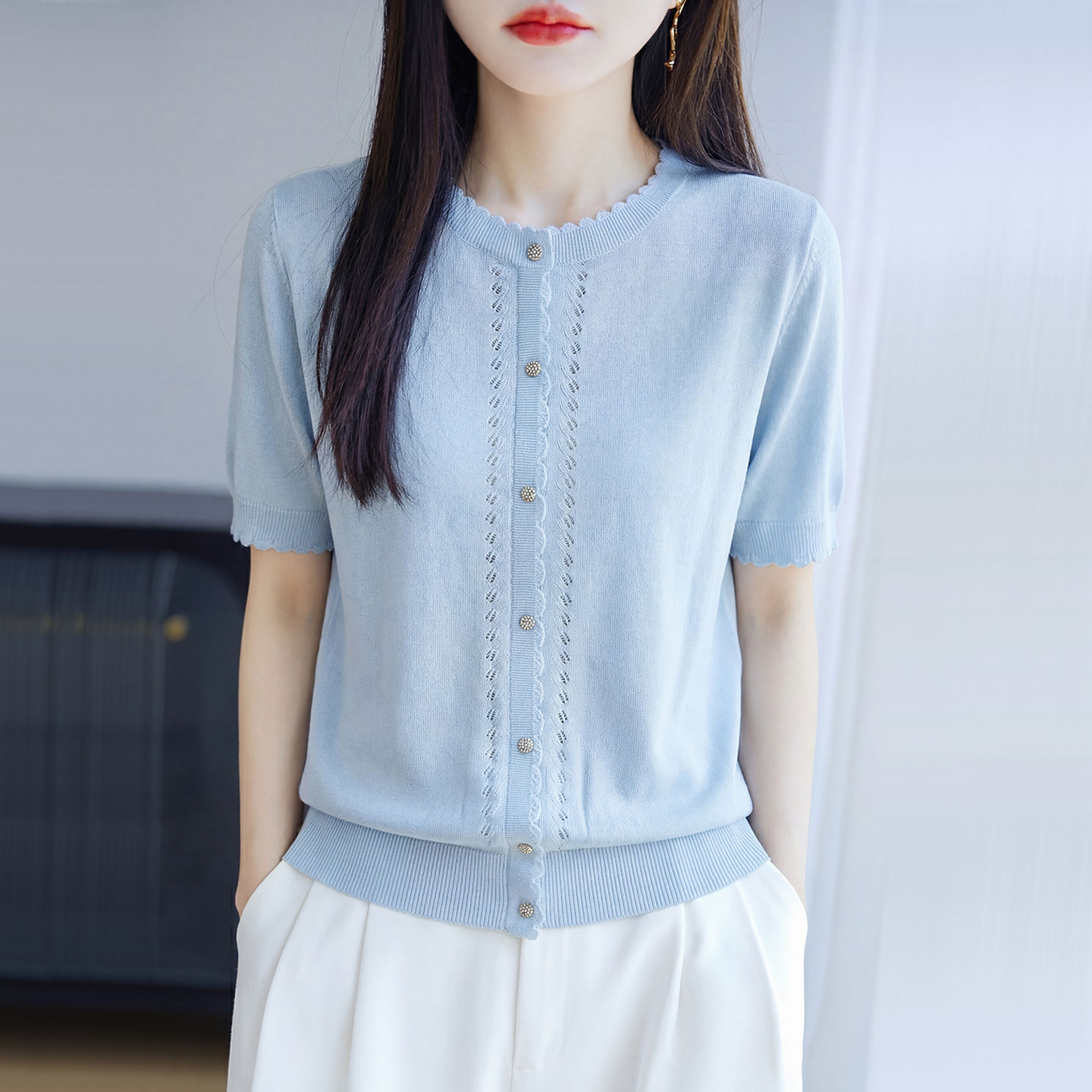 圆领桑蚕丝短袖开衫T恤女