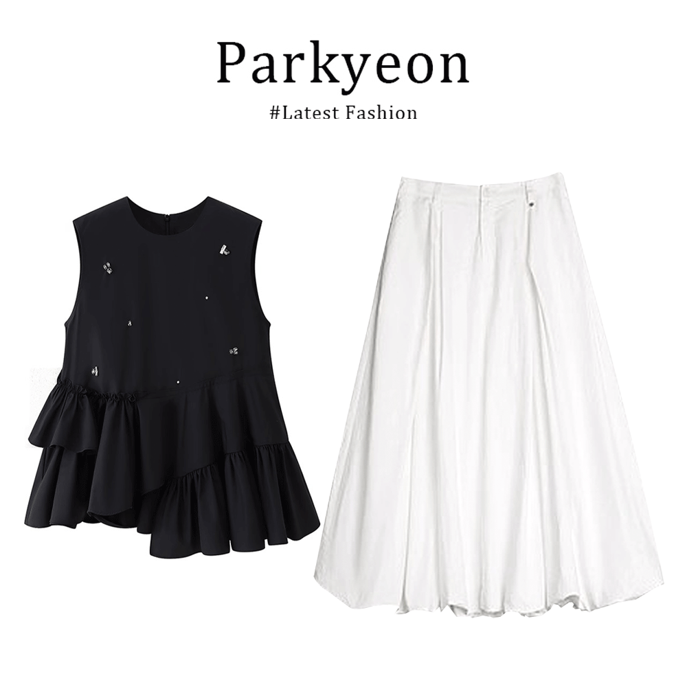 parkyeon法式漂亮出片小香风衣服钉珠无袖背心上衣花苞半身裙套装