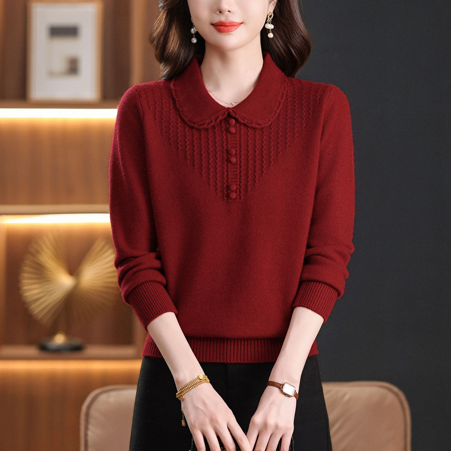 翻领羊毛针织女士打底毛衣