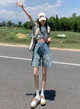 弄格美式复古五分裤女夏季2026新款高街直筒百搭阔腿牛仔中裤