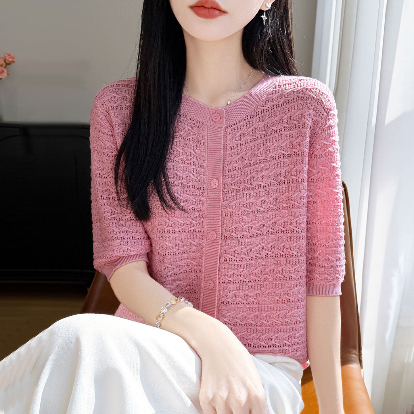 2026新款镂空纽扣针织短袖t恤女夏季薄款冰丝针织衫大码女装上衣
