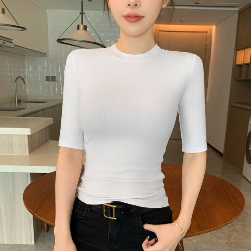 Maven Lin极简通勤 基础半高领修身t恤女显瘦气质五分袖针织上衣