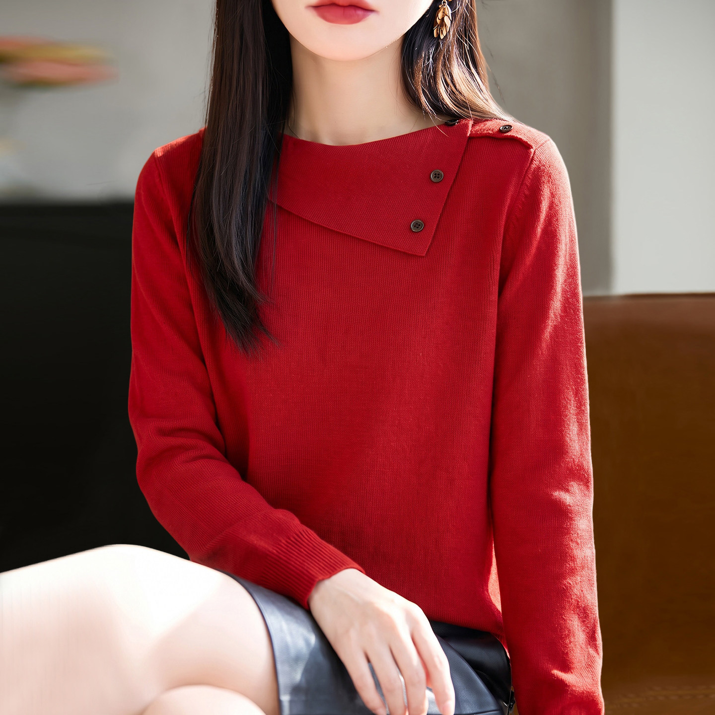 2026新款纯色肩扣红色本命年秋季大码针织打底衫洋气女装上衣毛衣