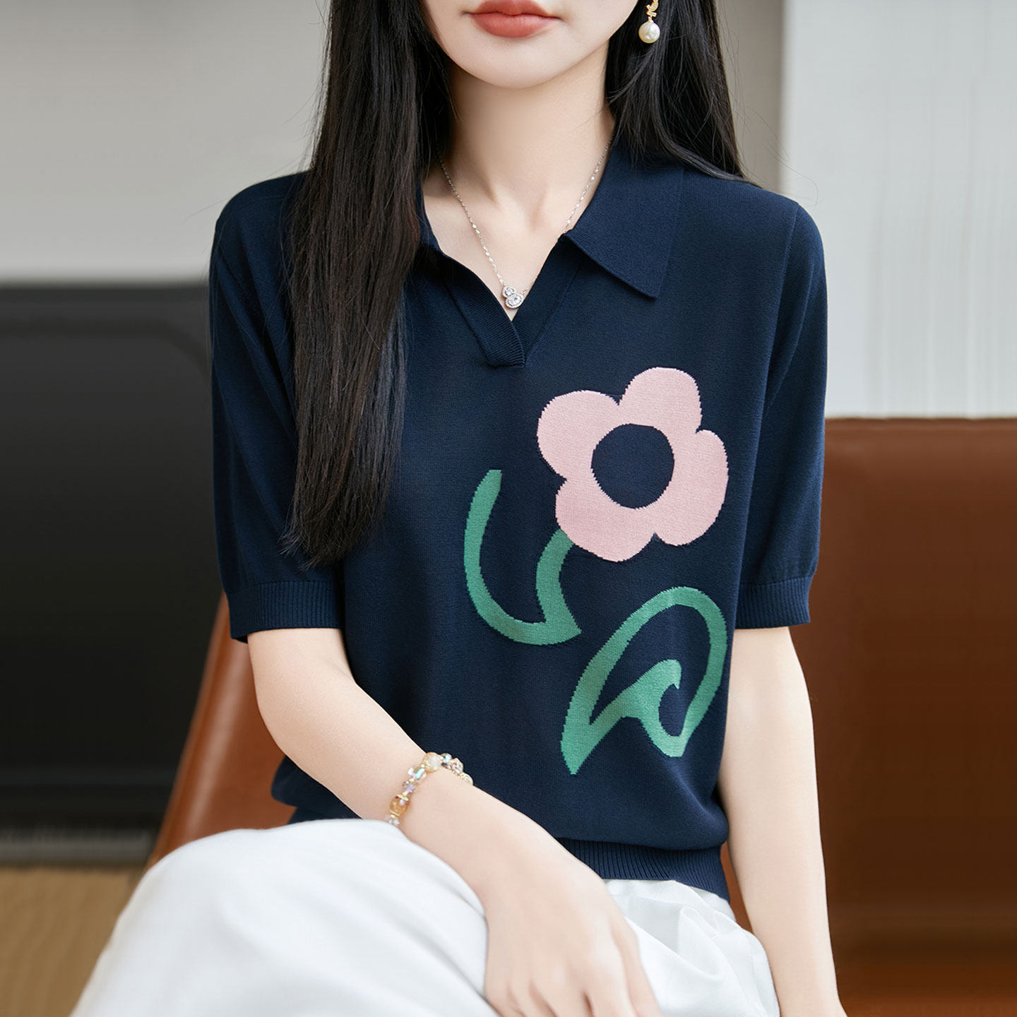 翻领桑蚕丝短袖T恤上衣女
