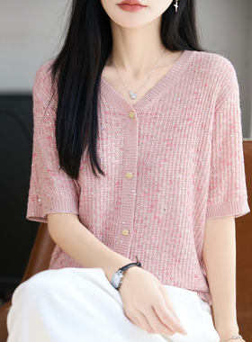 V领桑蚕丝短袖假开衫T恤女