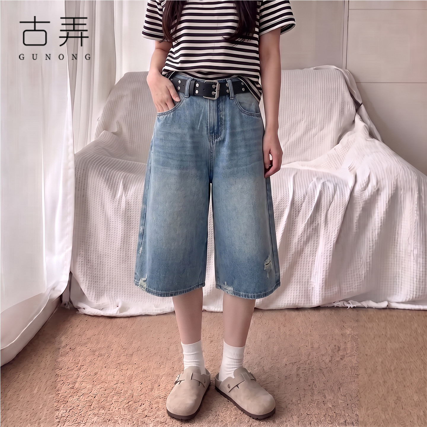 破洞七分牛仔裤女宽松【无弹】直筒中裤夏季2026新款复古兰7分裤