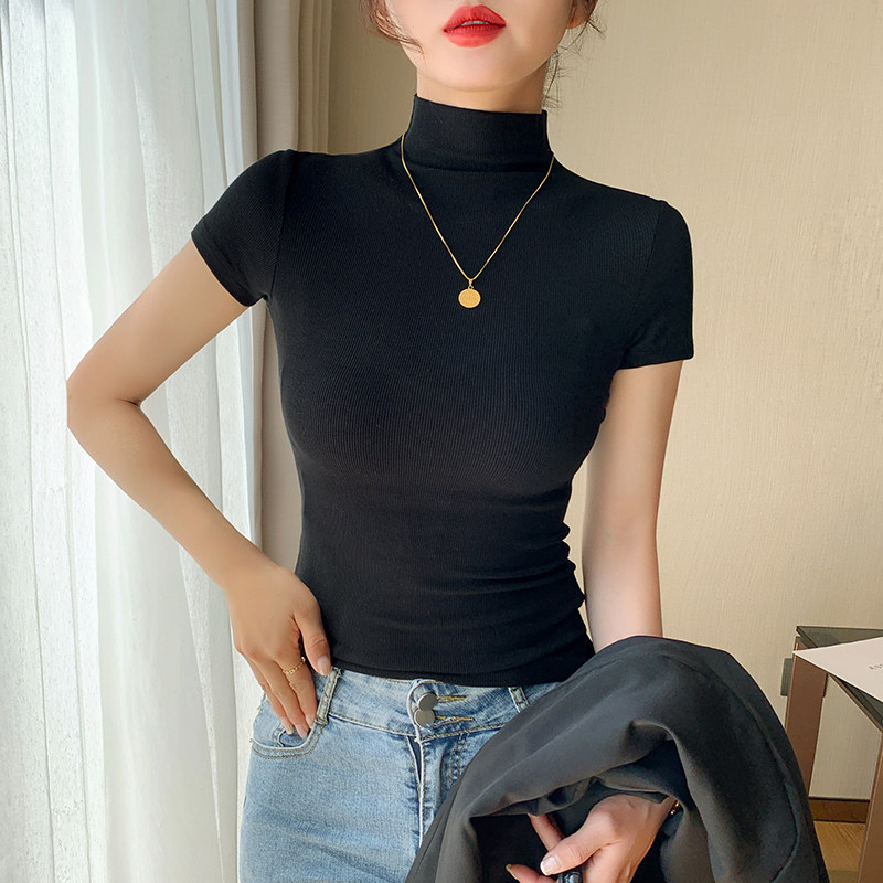 黑色半高领短袖T恤女2026春夏季气质百搭半袖打底衫紧身针织上衣