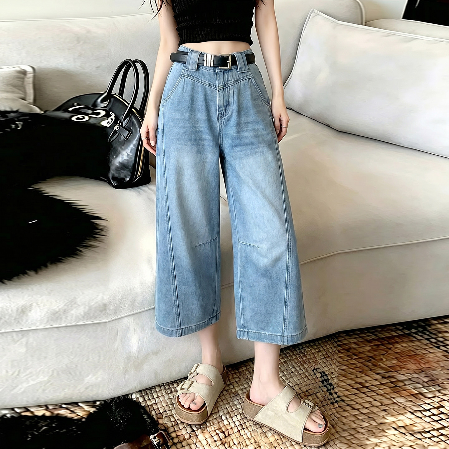 浅蓝色八分阔腿牛仔裤女夏薄款2026新款宽松显瘦小个子凉感直筒裤