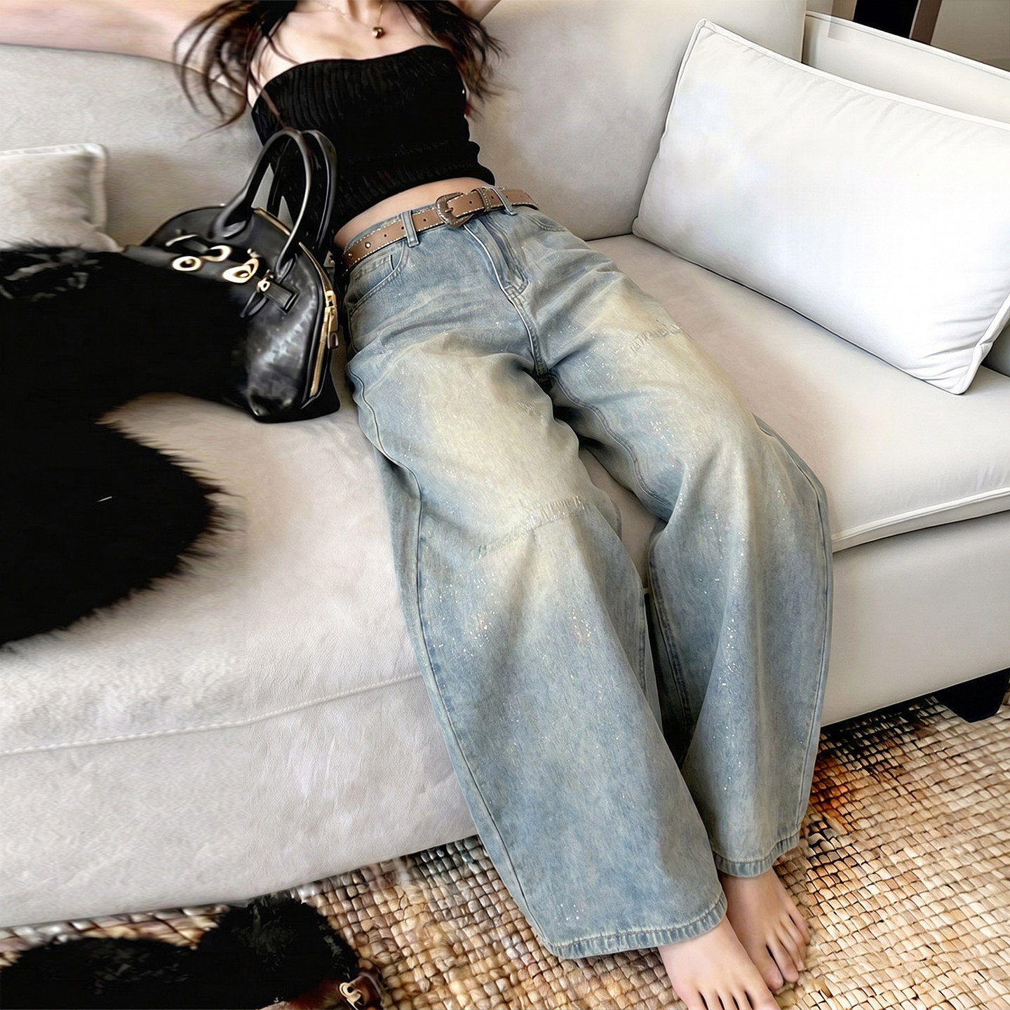 JOINBO VINTAGE DENIM 美式复古 阔腿牛仔裤 水洗做旧宽松显瘦