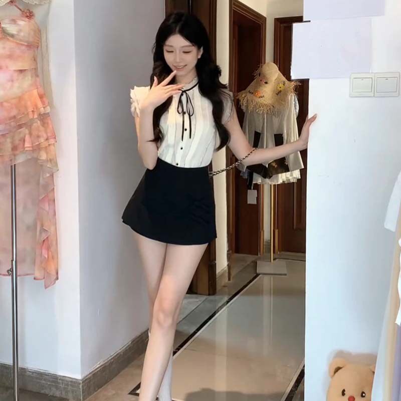 法式超仙蝴蝶结系带雪纺衬衫女设计感小众减龄飞飞袖洋气两件套