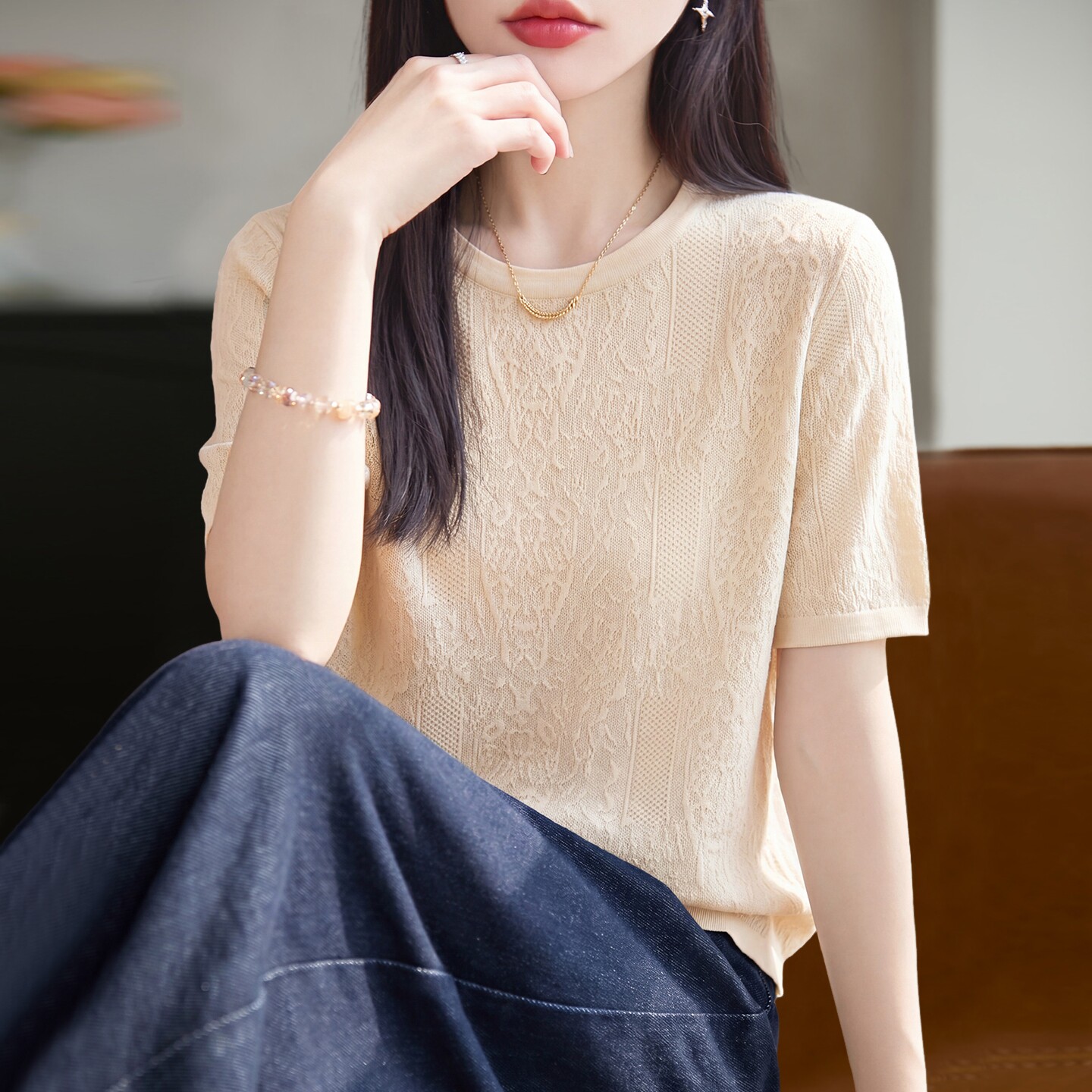 短袖t恤女2026新款大码女装夏季短款提花宽松薄款冰丝针织衫上衣