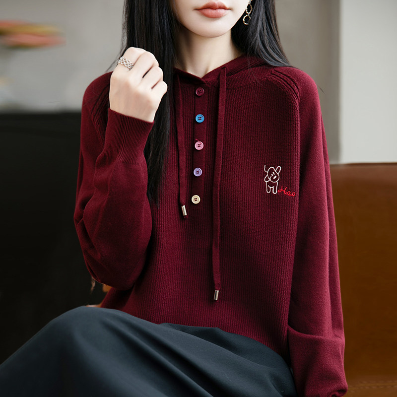拉夏贝尔春秋连帽卫衣针织打底衫女春秋内搭上衣洋气大码女装毛衣