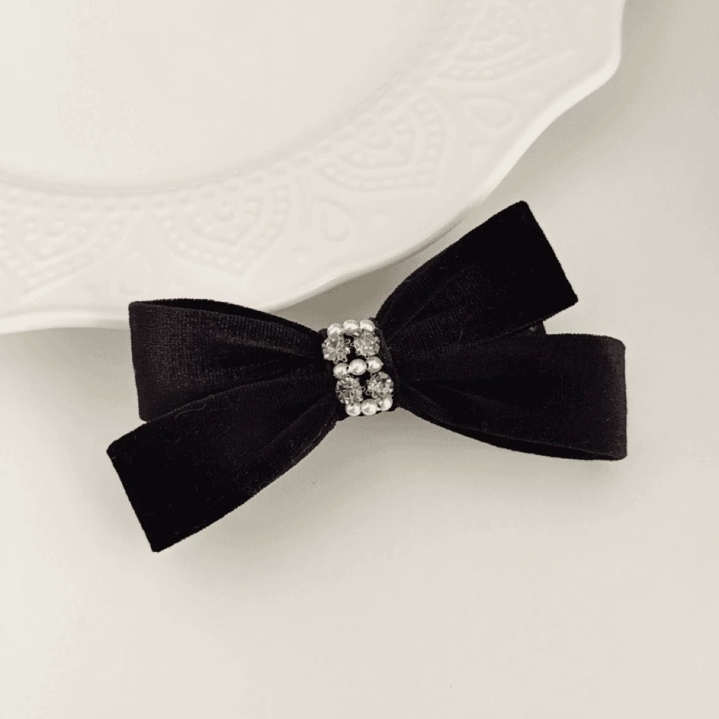 新款2025韩系气质简约百搭黑色丝绒蝴蝶结弹簧夹8cm百搭通勤发夹