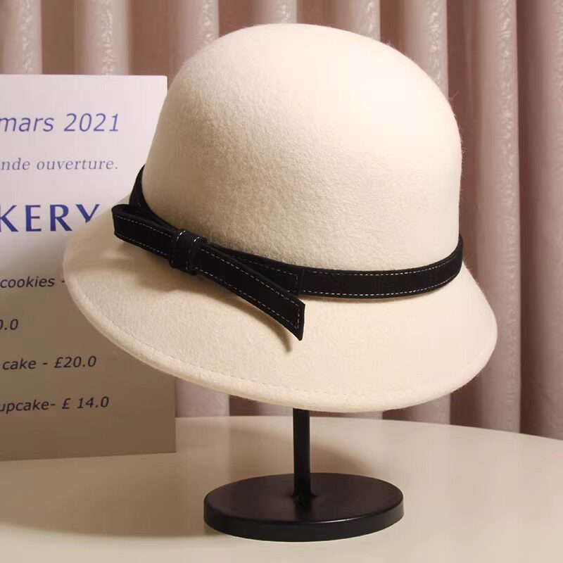 秋冬日系羊毛呢撞色蝴蝶结盆帽女小香风显脸小渔夫帽复古洋气百搭