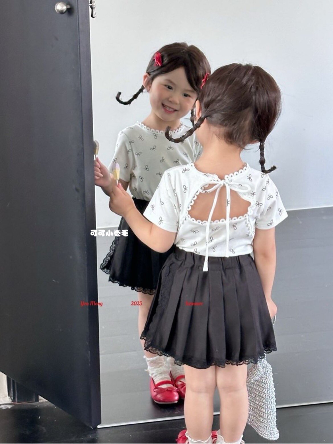 佑萌童装蝴蝶结辣妹后背镂空绑带精致T恤短款小T恤女童纯棉短袖