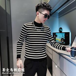 秋冬季半高领毛衣男装高级感潮牌条纹上衣内搭加厚保暖针织打底衫