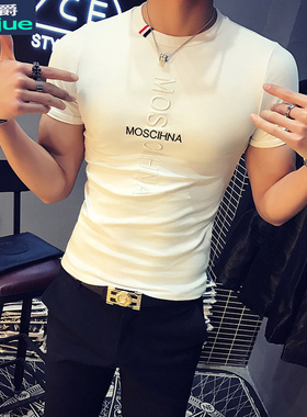 2020男短袖t恤夏季韩版潮流修身刺绣男士衣服圆领时尚休闲体恤衫