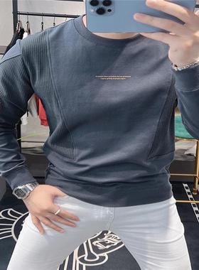 欧洲站2024年秋季新款拼接卫衣男个性圆领休闲潮流时尚百搭上衣服