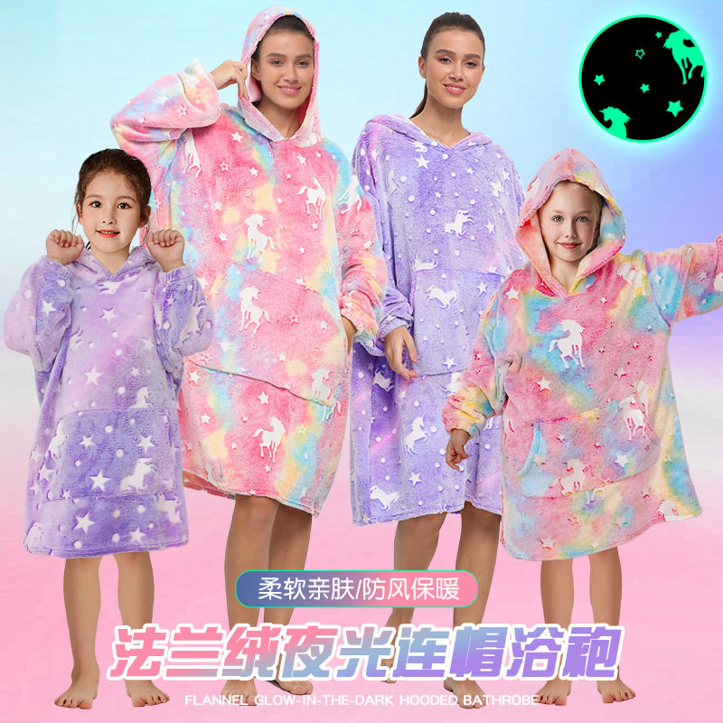 法兰绒夜光睡袍亲子套头居家睡衣