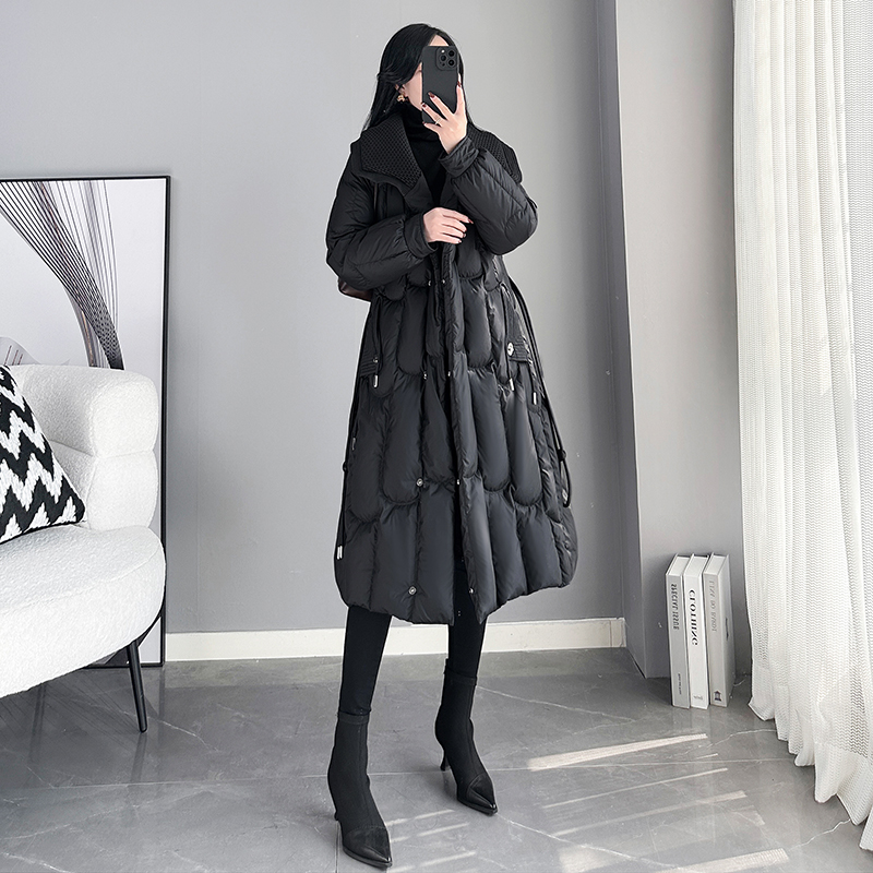 黑色中长款羽绒服女2025新款冬季韩版修身加厚保暖系带白鸭绒外套