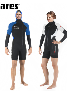 MARES 3mm连体湿衣短袖保暖保温水母服冲浪浮潜1.5mm潜水服带头套