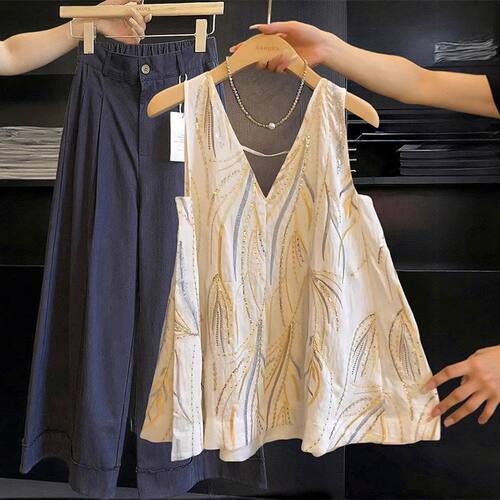 设计感女背心性感V夏季小众上衣无袖提花法式露背衬衫宽松刺绣领