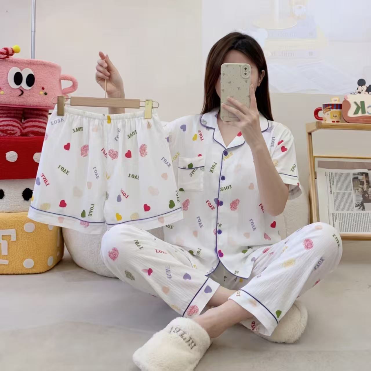 云朵棉短袖短裤长袖三件套睡衣女