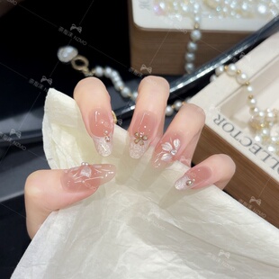 日常镶钻穿戴甲百搭显白 穿戴甲轻奢设计百搭美甲法式 奶油山茶