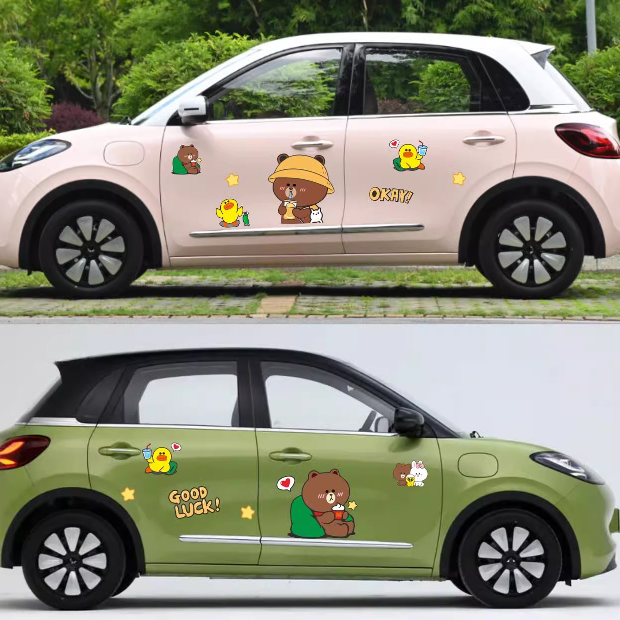 适用2024五菱缤果新款卡通小熊汽车贴纸 大众ID3Polo可爱兔子拉花