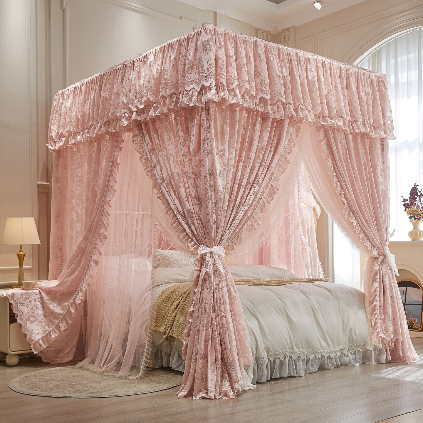 2026新款防尘顶宫廷双层加密蚊帐家用落地卧室三开门法式蕾丝床幔