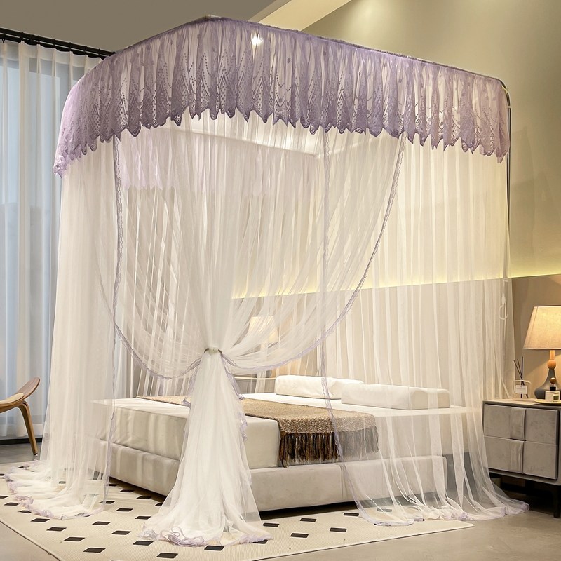 新款u型伸缩钓鱼竿蚊帐家用卧室公主三开门加密纹账落地加密加厚