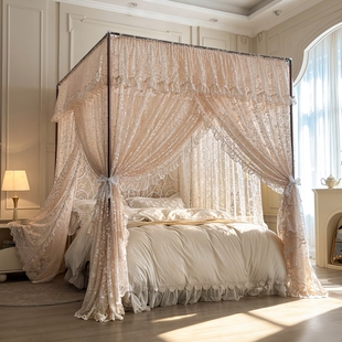 新款法式公主蕾丝蚊帐家用三开门卧室宫廷防尘顶加密床幔落地支架
