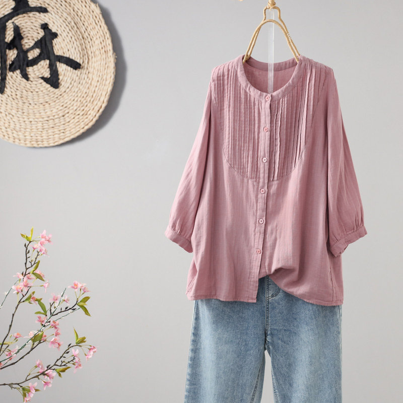 文艺范圆领风琴褶双层棉纱九分袖衬衫女装单排扣休闲宽松小衫上衣