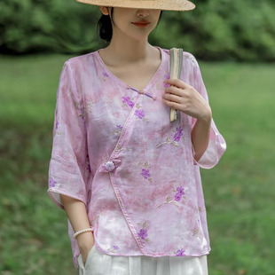休闲宽松上衣 原创复古V领绣花苎麻五分袖 衬衫 女装 轻奢高级感小衫