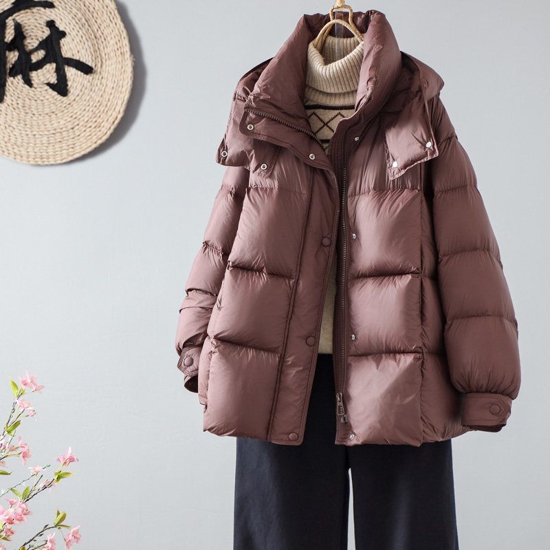 韩版锦纶中长款连帽羽绒服外套女